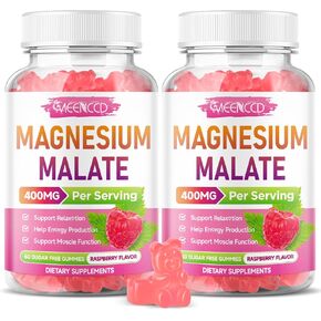 Magnesium Malate Gummies, Magnesium 400 mg, Magnesium Mineral Supplements for Energy Production & Muscle Health, Gluten-Free, Sugar-Free, Raspberry Flavor, 60 Count in Kuwait