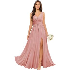 Chiffon Bridesmaid Dresses Long for Women Ruched V Neck Wedding Guest Dress with Slit in Saudi Arabia
