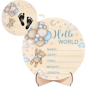 Baby Announcement Sign, Double-Sided Blue Bear Baby Name Sign, 5.9 Inch Wooden Hello World Newborn Sign, Gift for New Mom, Baby Shower, Photography Prop in Saudi Arabia