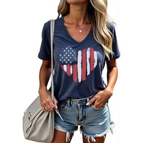 USA Flag T Shirt Women Star and Stripes Graphic V-Neck Tops Red White Blue 4th of July Short Sleeve Tees Patriotic Shirt,Blue in Saudi Arabia