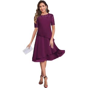 Women's Short Sleeve Tea Length Mother of The Bride Dresses for Wedding Ruffle Chiffon Lace Formal Dress in Saudi Arabia