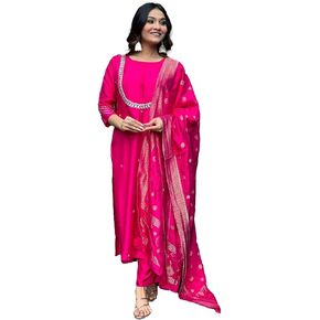 DREAMANGEL FASHION Womens Kurta Set Silk Blend Jacquard Khatali Work Stright Kurta and Pant with Dupatta Set in Saudi Arabia