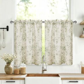 JIUZHEN Farmhouse Floral Linen Kitchen Curtains 24 Inch Length, Rod Pocket Rustic Light Filtering Tier Curtains for Livingroom/Bathroom, Green Peony Fragmented Flowers, 2 Panels in Saudi Arabia