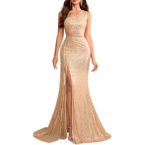 Women's One Shoulder Sequin Maxi Prom Dress Elegant Evening Gowns with Slit in Saudi Arabia