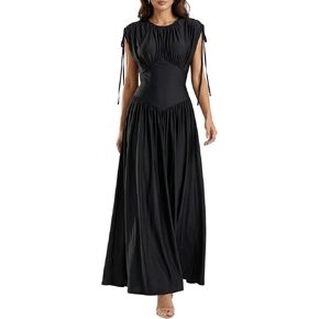 Women's Cinched Waist A Line Gathered Cap Sleeve Maxi Dress Elegant Ruched Formal Evening Dresses in Saudi Arabia