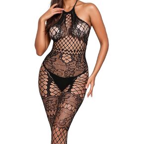 Women's Lace Mesh Bodysuit – One-Piece Stretchy Jumpsuit with Halter Neck, Soft Fishnet Sleepwear, Black in Saudi Arabia