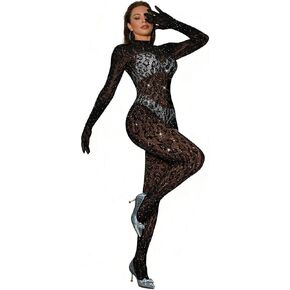 Women Sexy Lace Leopard Jumpsuit, Fishnet Bodysuit Glow Party Club, Mesh Full Body Stocking Rave Outfits in Saudi Arabia