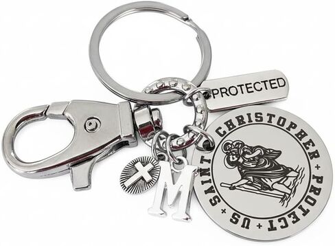 Saint Christopher Keychain Protector of Travelers Stainless Steel Key Ring with Cross Initial Charm Religious Gift for Drivers Men Women in Kuwait