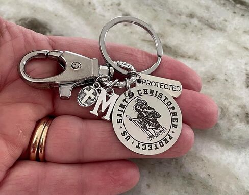 Saint Christopher Keychain Protector of Travelers Stainless Steel Key Ring with Cross Initial Charm Religious Gift for Drivers Men Women in Kuwait
