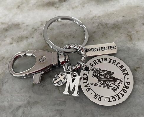 Saint Christopher Keychain Protector of Travelers Stainless Steel Key Ring with Cross Initial Charm Religious Gift for Drivers Men Women in Kuwait