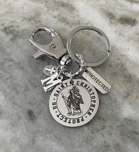 Saint Christopher Keychain Protector of Travelers Stainless Steel Key Ring with Cross Initial Charm Religious Gift for Drivers Men Women in Kuwait