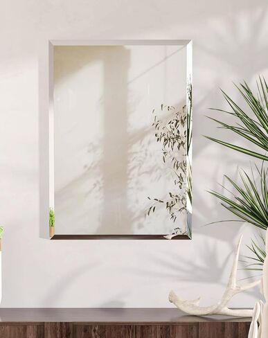 Frameless Rectangular Wall Mirror: Decorative Rectangle Mirrored Glass Vanity with Beveled Silver Edge for Bathroom Bedroom Livingroom Dining Room Entryway Hallway, 20 x 16 inch in Saudi Arabia