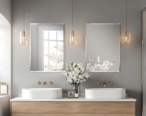 Frameless Rectangular Wall Mirror: Decorative Rectangle Mirrored Glass Vanity with Beveled Silver Edge for Bathroom Bedroom Livingroom Dining Room Entryway Hallway, 20 x 16 inch in Saudi Arabia
