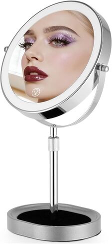 Rechargeable Adjustable-Height Makeup Mirror with 3 Color Lights,Touch Screen and Dimmable Settings,8'' Dual-Sided 1X/10X,360° Rotation Vanity Mirror with Jewelry Tray,Lighting Cosmetic Mirror in Kuwait