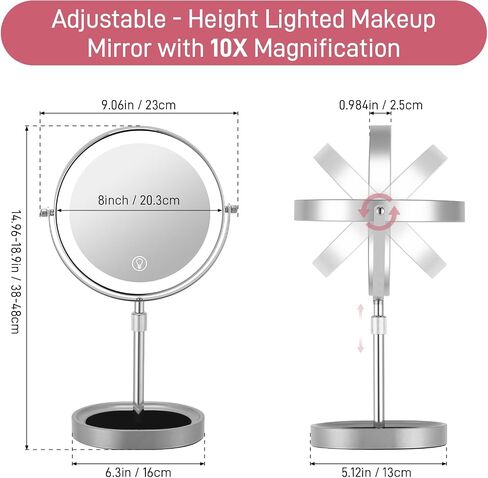 Rechargeable Adjustable-Height Makeup Mirror with 3 Color Lights,Touch Screen and Dimmable Settings,8'' Dual-Sided 1X/10X,360° Rotation Vanity Mirror with Jewelry Tray,Lighting Cosmetic Mirror in Kuwait