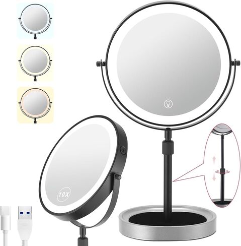 Rechargeable Adjustable-Height Makeup Mirror with 3 Color Lights,Touch Screen and Dimmable Settings,8'' Dual-Sided 1X/10X,360° Rotation Vanity Mirror with Jewelry Tray,Lighting Cosmetic Mirror in Kuwait