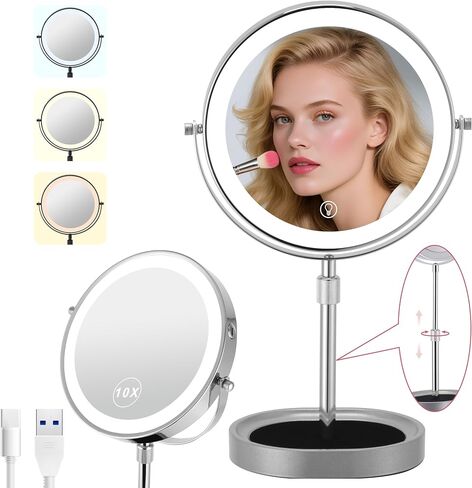 Rechargeable Adjustable-Height Makeup Mirror with 3 Color Lights,Touch Screen and Dimmable Settings,8'' Dual-Sided 1X/10X,360° Rotation Vanity Mirror with Jewelry Tray,Lighting Cosmetic Mirror in Kuwait