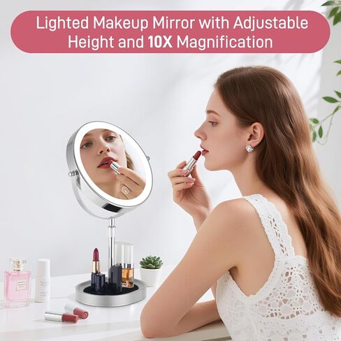 Rechargeable Adjustable-Height Makeup Mirror with 3 Color Lights,Touch Screen and Dimmable Settings,8'' Dual-Sided 1X/10X,360° Rotation Vanity Mirror with Jewelry Tray,Lighting Cosmetic Mirror in Kuwait
