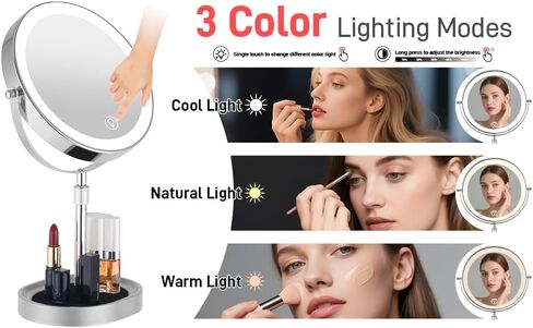 Rechargeable Adjustable-Height Makeup Mirror with 3 Color Lights,Touch Screen and Dimmable Settings,8'' Dual-Sided 1X/10X,360° Rotation Vanity Mirror with Jewelry Tray,Lighting Cosmetic Mirror in Kuwait