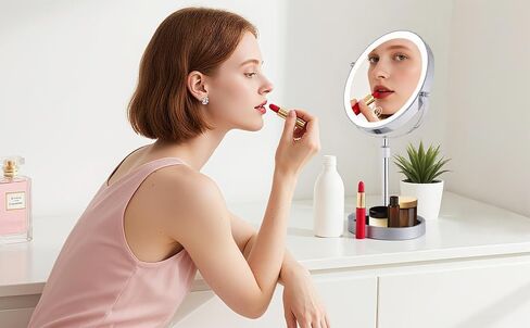 Rechargeable Adjustable-Height Makeup Mirror with 3 Color Lights,Touch Screen and Dimmable Settings,8'' Dual-Sided 1X/10X,360° Rotation Vanity Mirror with Jewelry Tray,Lighting Cosmetic Mirror in Kuwait