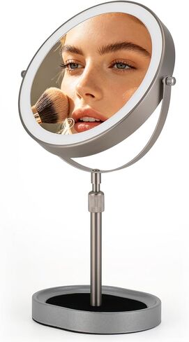 Rechargeable Adjustable-Height Makeup Mirror with 3 Color Lights,Touch Screen and Dimmable Settings,8'' Dual-Sided 1X/10X,360° Rotation Vanity Mirror with Jewelry Tray,Lighting Cosmetic Mirror in Kuwait
