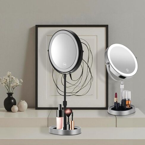 Rechargeable Adjustable-Height Makeup Mirror with 3 Color Lights,Touch Screen and Dimmable Settings,8'' Dual-Sided 1X/10X,360° Rotation Vanity Mirror with Jewelry Tray,Lighting Cosmetic Mirror in Kuwait