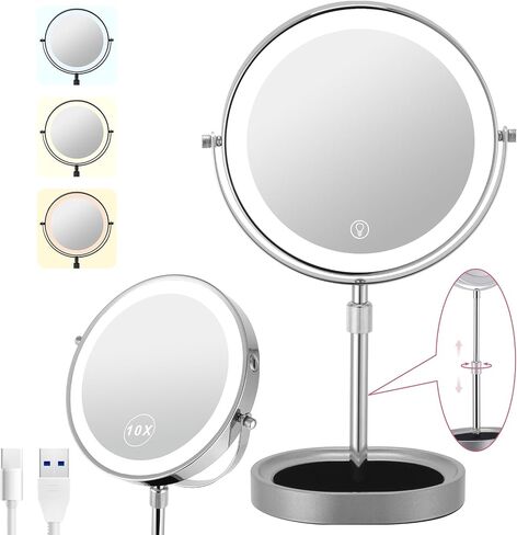 Rechargeable Adjustable-Height Makeup Mirror with 3 Color Lights,Touch Screen and Dimmable Settings,8'' Dual-Sided 1X/10X,360° Rotation Vanity Mirror with Jewelry Tray,Lighting Cosmetic Mirror in Kuwait