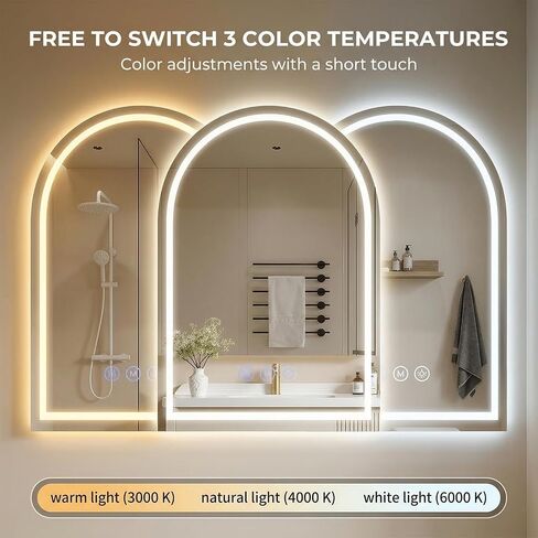 24"x36" LED Bathroom Mirror with Lights, Anti-Fog, Dimmable Backlit, Memory Function, Tempered Glass, Shatter-Proof, Lighted Vanity Mirror for Wall, Arched in Saudi Arabia