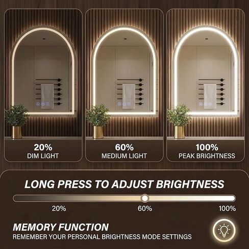 24"x36" LED Bathroom Mirror with Lights, Anti-Fog, Dimmable Backlit, Memory Function, Tempered Glass, Shatter-Proof, Lighted Vanity Mirror for Wall, Arched in Saudi Arabia