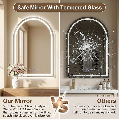 24"x36" LED Bathroom Mirror with Lights, Anti-Fog, Dimmable Backlit, Memory Function, Tempered Glass, Shatter-Proof, Lighted Vanity Mirror for Wall, Arched in Saudi Arabia