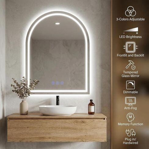 24"x36" LED Bathroom Mirror with Lights, Anti-Fog, Dimmable Backlit, Memory Function, Tempered Glass, Shatter-Proof, Lighted Vanity Mirror for Wall, Arched in Saudi Arabia