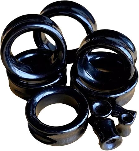 PAIR of Brilliant Black Agate Organic Stone Double Flare Tunnels - Plugs - Gauges - Body Jewelry in Kuwait
