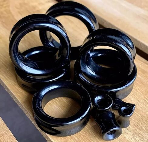 PAIR of Brilliant Black Agate Organic Stone Double Flare Tunnels - Plugs - Gauges - Body Jewelry in Kuwait