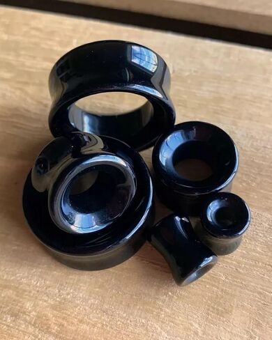 PAIR of Brilliant Black Agate Organic Stone Double Flare Tunnels - Plugs - Gauges - Body Jewelry in Kuwait