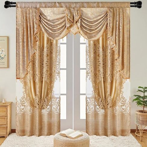 NAPEARL Luxury Jacquard Curtains and a Valance for Living Room, Dining Room Curtains & Drapes with Layer, Set of 2 Panels with Lining Satins (Gloden, W52 x L84) in Saudi Arabia