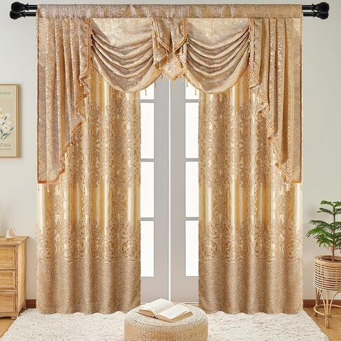 NAPEARL Luxury Jacquard Curtains and a Valance for Living Room, Dining Room Curtains & Drapes with Layer, Set of 2 Panels with Lining Satins (Gloden, W52 x L84) in Saudi Arabia