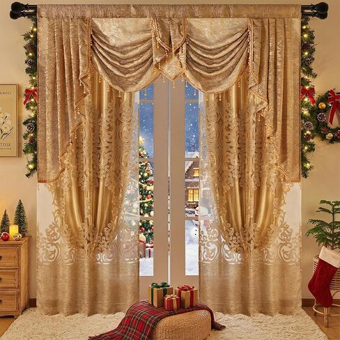 NAPEARL Luxury Jacquard Curtains and a Valance for Living Room, Dining Room Curtains & Drapes with Layer, Set of 2 Panels with Lining Satins (Gloden, W52 x L84) in Saudi Arabia