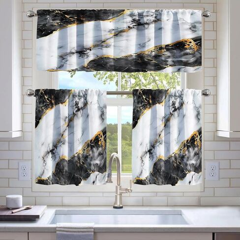 Modern Kitchen Tier Curtains and Valance Set, 3 Piece Semi Sheer Window Curtains, 2 Tier Panels 52W x 24L + Valance 52W x 18L, Light Filtering Rod Pocket Curtains for Kitchen, Bathroom (Green Marble ) in Saudi Arabia