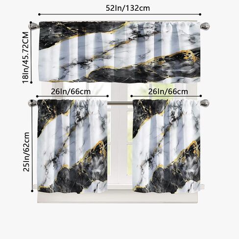 Modern Kitchen Tier Curtains and Valance Set, 3 Piece Semi Sheer Window Curtains, 2 Tier Panels 52W x 24L + Valance 52W x 18L, Light Filtering Rod Pocket Curtains for Kitchen, Bathroom (Green Marble ) in Saudi Arabia