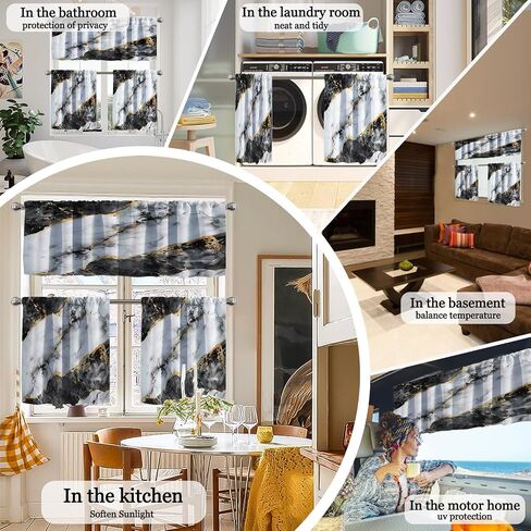 Modern Kitchen Tier Curtains and Valance Set, 3 Piece Semi Sheer Window Curtains, 2 Tier Panels 52W x 24L + Valance 52W x 18L, Light Filtering Rod Pocket Curtains for Kitchen, Bathroom (Green Marble ) in Saudi Arabia