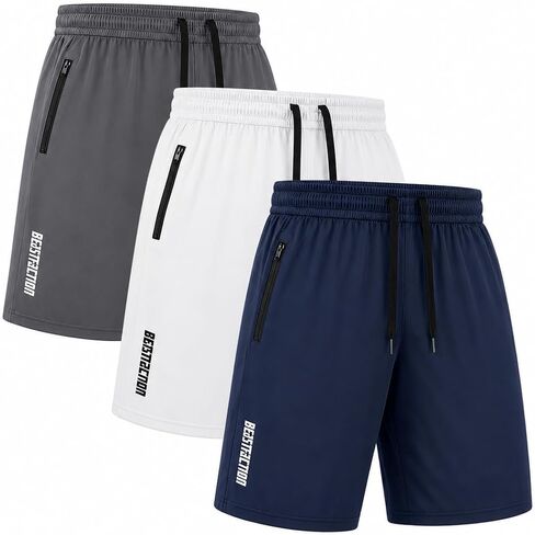 3 Pack Men's Athletic Shorts Basketball with Zipper Pocket Shorts for Men | Mens athletic shorts with 2 zipper pockets, deep side compartments for wallet or phone, refreshing cooling mesh pocket cloth in Saudi Arabia