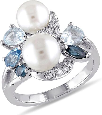 Reeds Blue Mixed Gemstone and White Freshwater Cultured Pearl Cluster Ring in Sterling Silver, Ring Size: 8 in Saudi Arabia