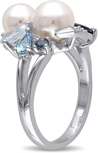 Reeds Blue Mixed Gemstone and White Freshwater Cultured Pearl Cluster Ring in Sterling Silver, Ring Size: 8 in Saudi Arabia