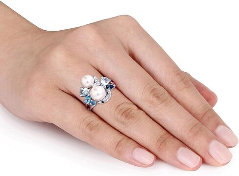 Reeds Blue Mixed Gemstone and White Freshwater Cultured Pearl Cluster Ring in Sterling Silver, Ring Size: 8 in Saudi Arabia