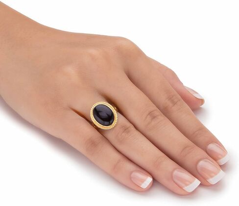 PalmBeach Yellow Gold-plated Sterling Silver Oval Shaped Natural Black Onyx Beaded Halo Ring Sizes 6-10 in Kuwait