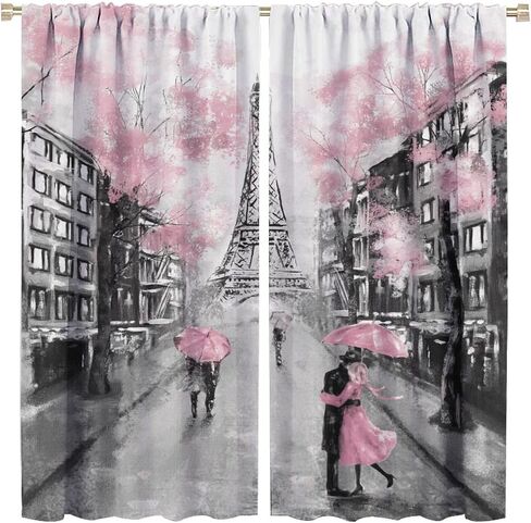 Eiffel Tower Curtain, Oil Painting Style Pink Paris Tower Couple Pattern Window Treatments 2 Panels Drapes for Bedroom Living Room Kitchen Decor 42x45in in Saudi Arabia