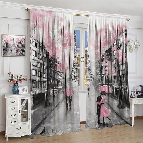 Eiffel Tower Curtain, Oil Painting Style Pink Paris Tower Couple Pattern Window Treatments 2 Panels Drapes for Bedroom Living Room Kitchen Decor 42x45in in Saudi Arabia