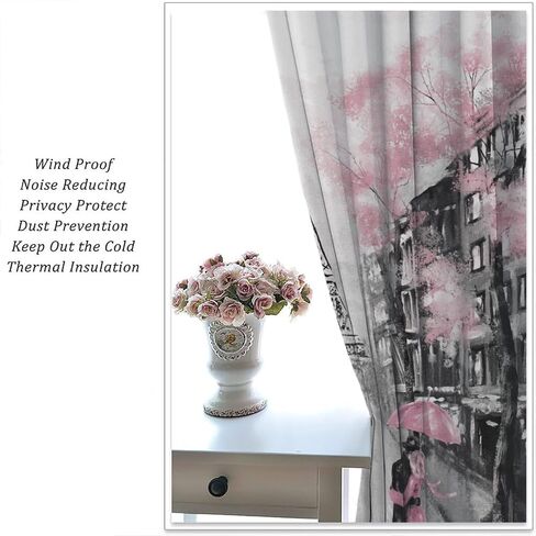 Eiffel Tower Curtain, Oil Painting Style Pink Paris Tower Couple Pattern Window Treatments 2 Panels Drapes for Bedroom Living Room Kitchen Decor 42x45in in Saudi Arabia