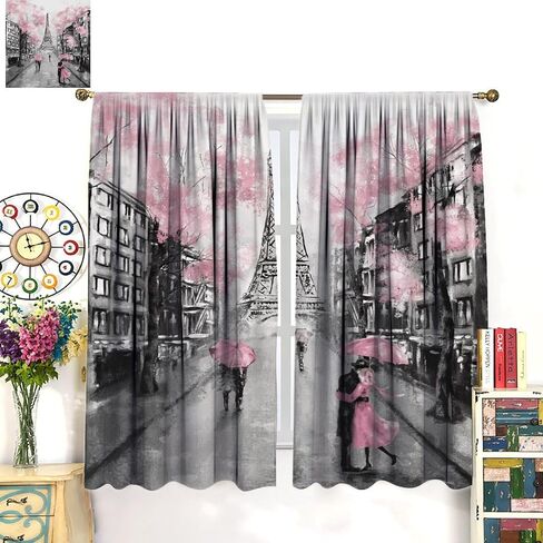 Eiffel Tower Curtain, Oil Painting Style Pink Paris Tower Couple Pattern Window Treatments 2 Panels Drapes for Bedroom Living Room Kitchen Decor 42x45in in Saudi Arabia