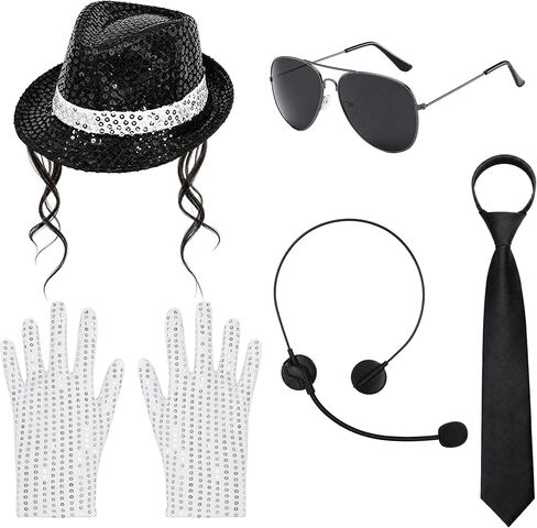 70s 80s Disco Pop Star Costume Accessories with Hat Tie Sequin Gloves Fake Microphone for Halloween Cosplay in Saudi Arabia